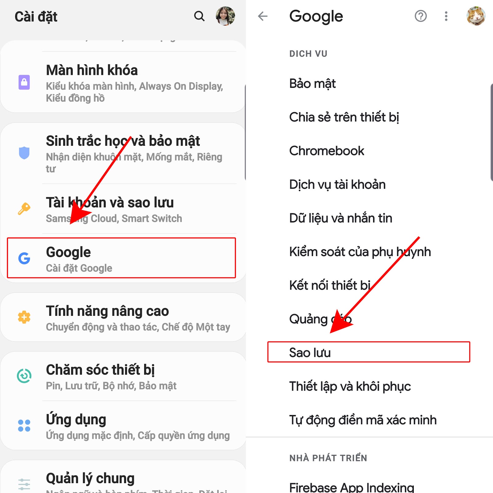 Chọn Cài đặt > Google > Sao lưu