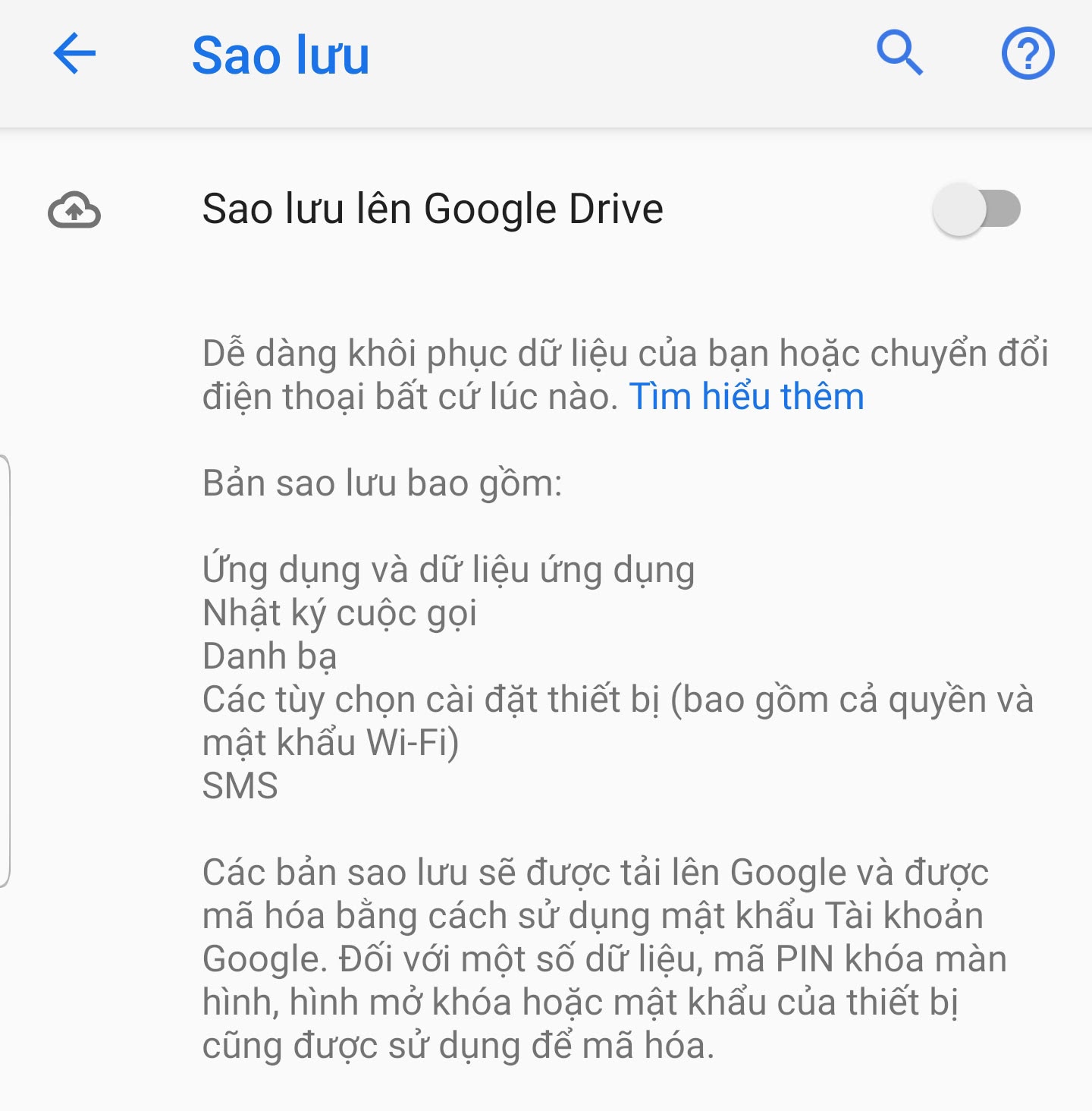 Sao lưu dữ liệu vào Google Drive