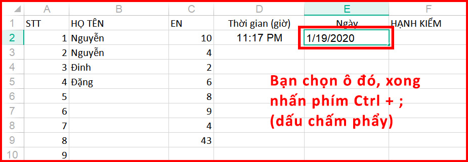 13 phím tắt cơ bản thần thánh nên biết khi sử dụng Excel, Google Sheet > Điền nhanh ngày hiện tại vào 1 ô