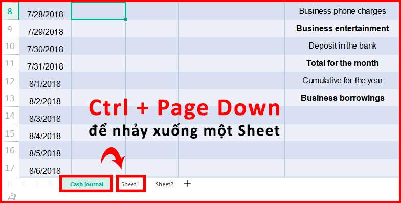 13 phím tắt cơ bản thần thánh nên biết khi sử dụng Excel, Google Sheet > Nhấn Ctrl + Page Down để nhảy xuống 1 sheet