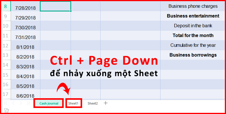 Nhấn Ctrl + Page Down để nhảy xuống 1 sheet