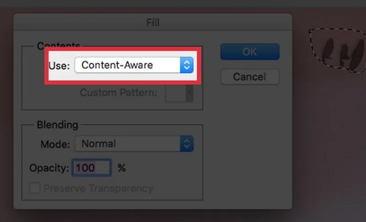 Chọn “Content Aware” trong phần “Use”, rồi bấm Ok