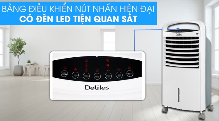 Quạt điều hòa Delites sở hữu bảng điều khiển nút nhấn có đèn LED hiển thị, dễ thao tác