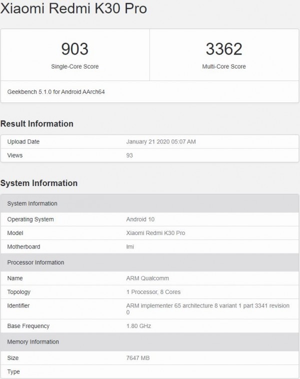 Redmi K30 Pro xuất hiện trên cơ sở dữ liệu của Geekbench