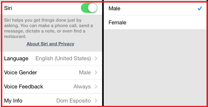 Cách thay đổi ngôn ngữ, tên gọi, giọng nói, giới tính của Siri > Chọn Male (nam) hoặc Female (nữ) 