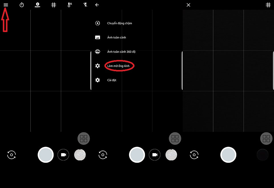 nhấp vào biểu tượng 3 dấu gạch ngang nằm ở góc trên bên trái của ứng dụng và chọn vào chế độ Làm mờ ống kính 