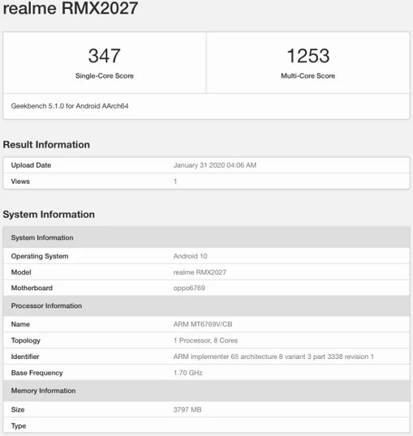 Smartphone nghi là Realme 6 xuất hiện trên Geekbench: Chip Helio P90, RAM 4GB, chạy Android 10
