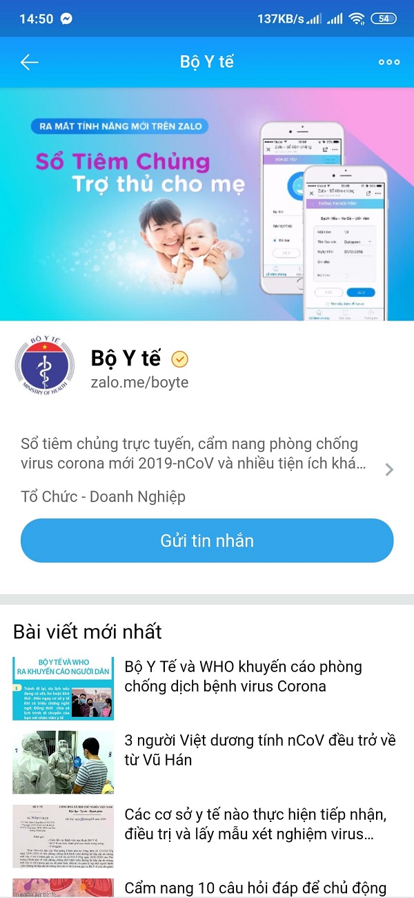 Kênh tin tức của Bộ Y tế trên ứng dụng Zalo