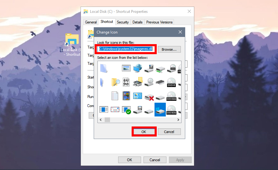 Nhập địa chỉ C:Windowssystem32imageres.dll vào thanh tìm kiếm và chọn icon bạn thích 