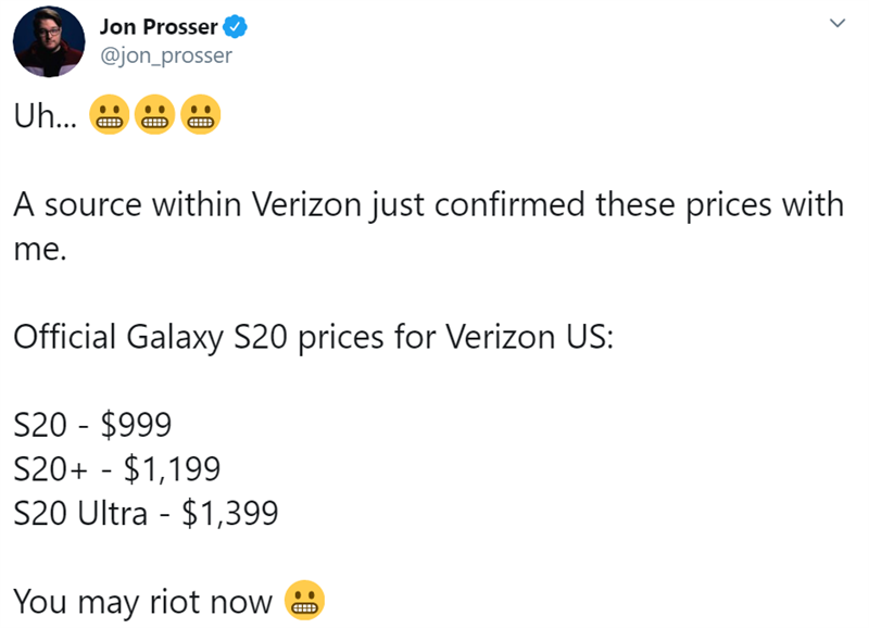 Giá bán dòng Galaxy S20 ở Verizon