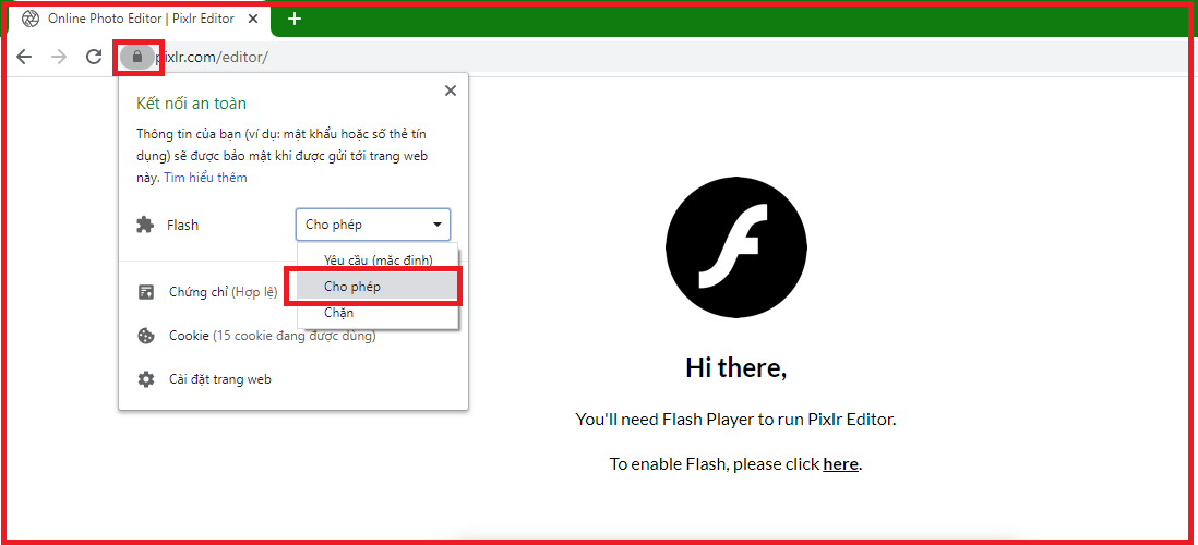 nhấn Flash và chọn Cho phép.