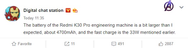 Redmi K30 Pro sẽ được trang bị pin 4.700mAh và hỗ trợ sạc nhanh 33W?
