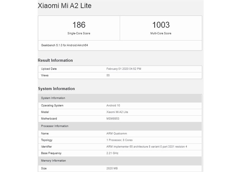 Xiaomi Mi A2 Lite chạy Android 10 tiếp tục xuất hiện trên Geekbench, ngày cập nhật Android 10 đang đến gần Xiaomi Mi A2 Lite chạy Android 10 tiếp tục xuất hiện trên Geekbench, ngày cập nhật Android 10 đang đến gần