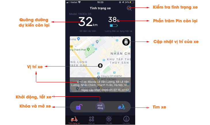 Hướng dẫn sử dụng Kết nối app Yadea Travel với xe điện - Tình trạng xe