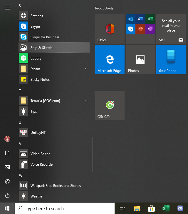 Vào Start, tìm đến mục chữ S và mở phần mềm Snip & Sketch lên