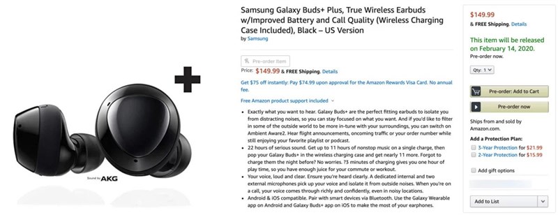 Chưa ra mắt nhưng tai nghe không dây Galaxy Buds+ đã cho phép đặt hàng trước trên Amazon với giá bán 3.4 triệu đồng
