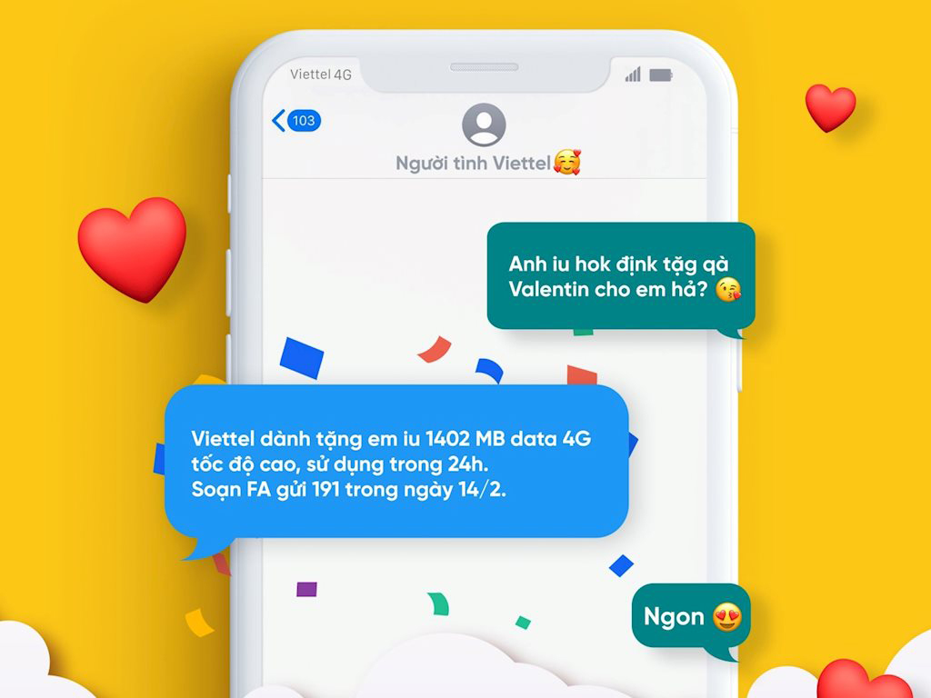 Valentine: Viettel tặng 1402 MB data 4G, xem phim miễn phí