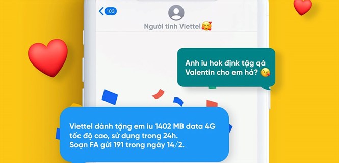 Valentine: Viettel tặng 1402 MB data 4G, xem phim miễn phí