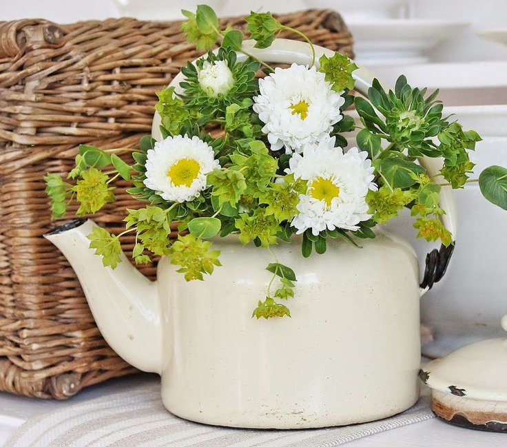 Old kettles can also be used as cute flower pots in the kitchen