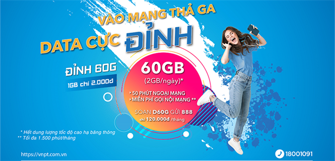 VinaPhone ra mắt gói cước ĐỈNH: 60G data/tháng, 1500 phút gọi nội mạng giá chỉ 120.000 đồng.