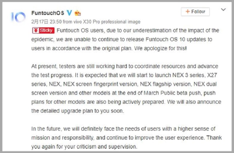 Vivo hoãn lịch trình cập nhật Funtouch OS 10 do ảnh hưởng của COVID-19
