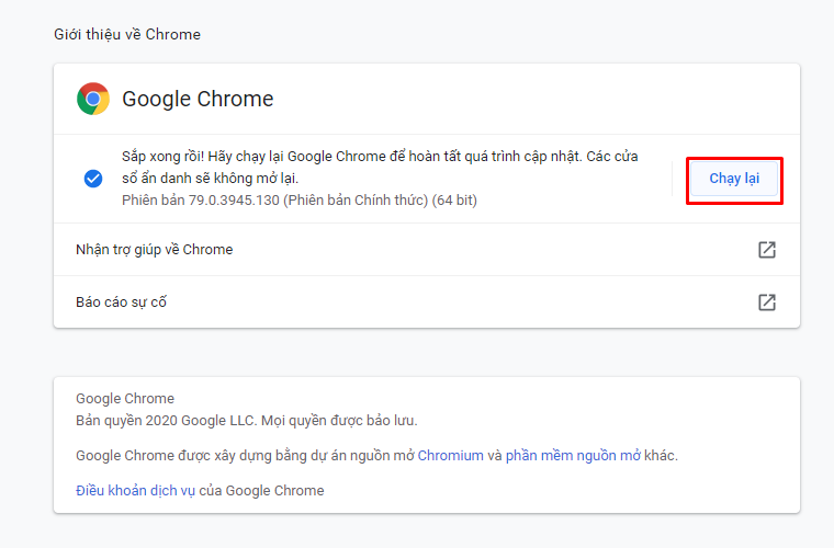 Google Chrome sẽ tự động kiểm tra các bản cập nhật và nhắc bạn khởi chạy lại phiên bản trình duyệt mới nếu trình duyệt hiện tại của bạn đã hết hạn.