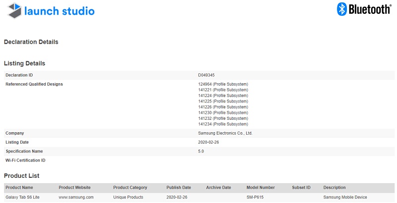 Galaxy Tab S6 Lite vừa đạt chứng nhận Bluetooth