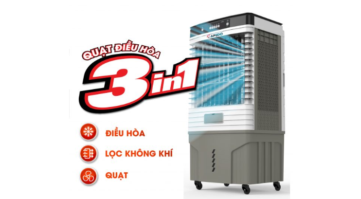 quạt điều hòa Rapido là sự kết hợp hoàn hảo giữa 3 thiết bị: điều hòa, máy lọc không khí và quạt