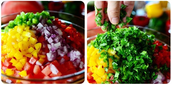 Bước 1 Cắt các loại nguyên liệu Salad dưa hấu, dưa leo, ớt chuông
