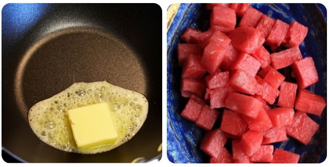 Bước 1 Cắt dưa hấu và nấu chảy bơ Salad dưa hấu, bắp
