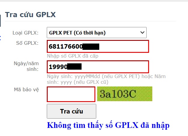 Không tìm thấy số GPLX đã nhập