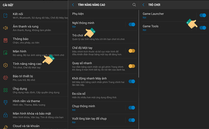 Vào Cài đặt >> Chọn mục Tính năng nâng cao >> Chọn mục Trò chơi >> Bạn gạt nút bật Chế độ game tool.
