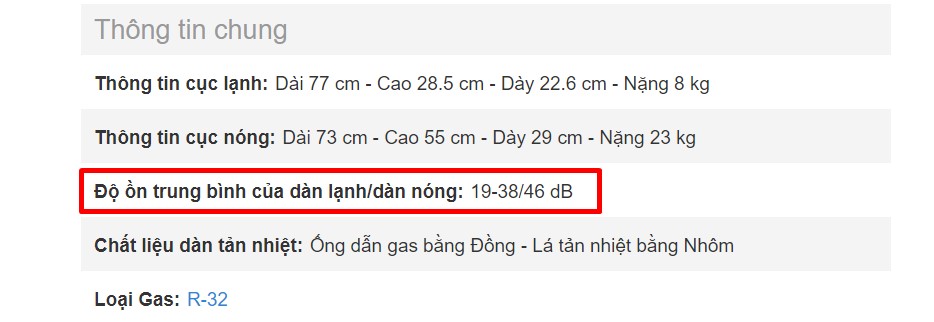 Thông tin độ ồn trên bảng thông số kỹ thuật