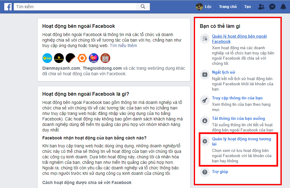 Cách sử dụng tính năng hoạt động ngoài Facebook giúp bảo vệ dữ liệu > Nhấn vào phần Quản lý hoạt động trong tương lai