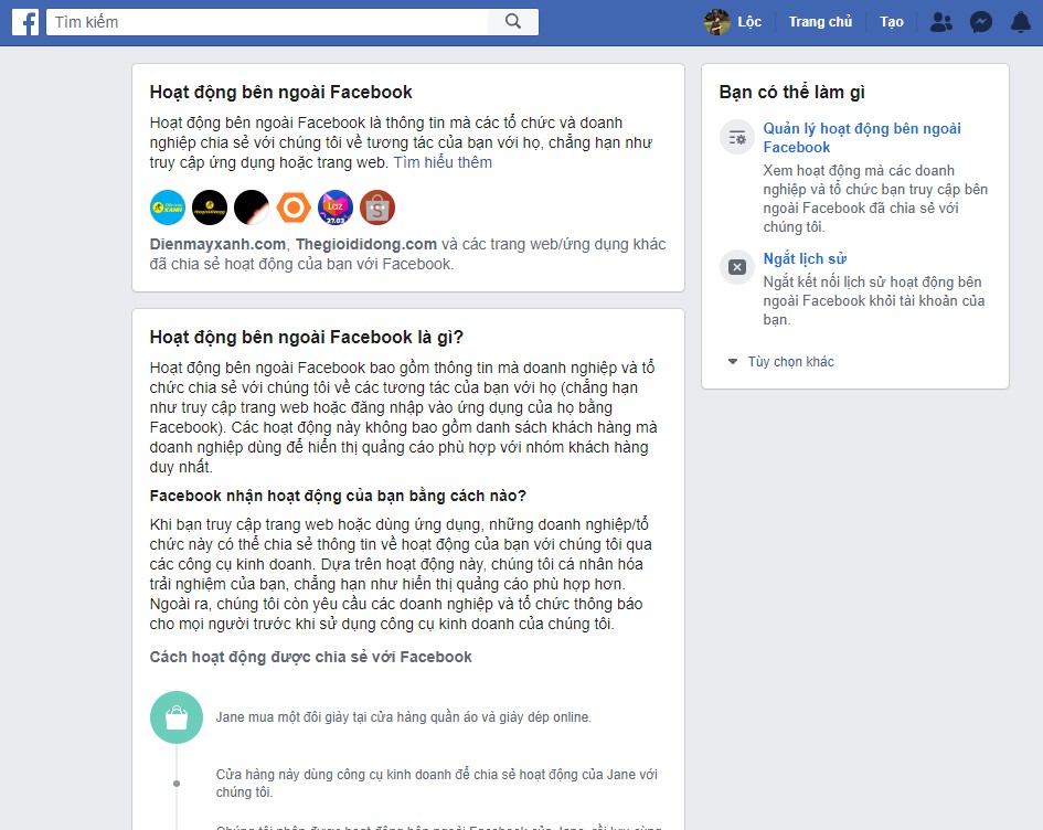 Bảng tóm tắt thông tin của hoạt động bên ngoài Facebook