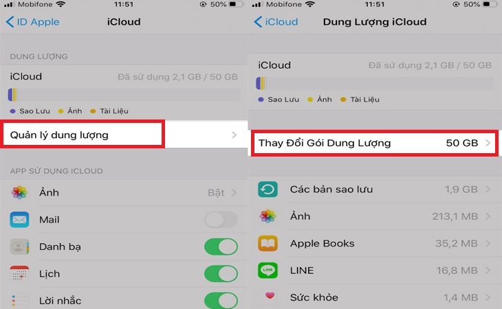 Hướng dẫn cách nhận và sử dụng iCloud miễn phí một tháng > Bước 2: Trong iCloud, nhấn vào Quản lý dung lượng > Chọn Thay Đổi Gói Dung Lượng.