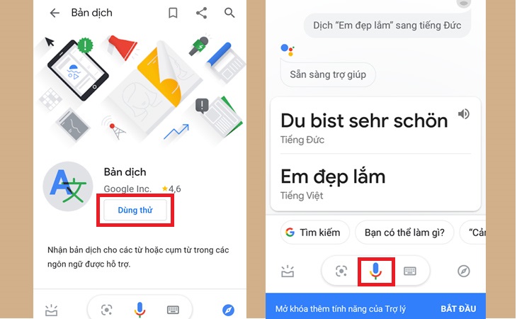 Hướng dẫn cách dùng Google Assistant để dịch giọng nói cực đơn giản > Bước 2: Khi bản dịch mở ra, chọn Dùng thử để trải nghiệm tính năng Thông dịch viên của Google Assistant.