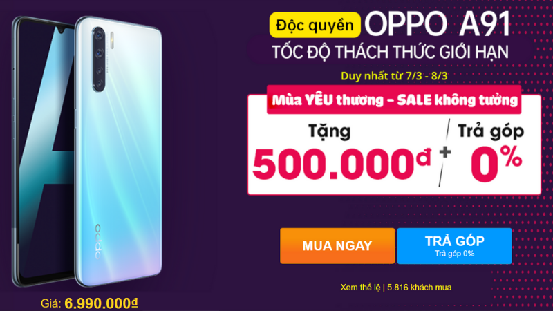 OPPO A91 chính thức vượt mốc hơn 5.000 máy bán ra chỉ sau 4 ngày lên kệ độc quyền tại Thế Giới Di Động OPPO A91 chính thức vượt mốc hơn 5.000 máy bán ra chỉ sau 4 ngày lên kệ độc quyền tại Thế Giới Di Động