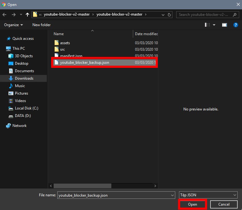 Chọn file JSON có tên youtube_blocker_backup.json để tải lên