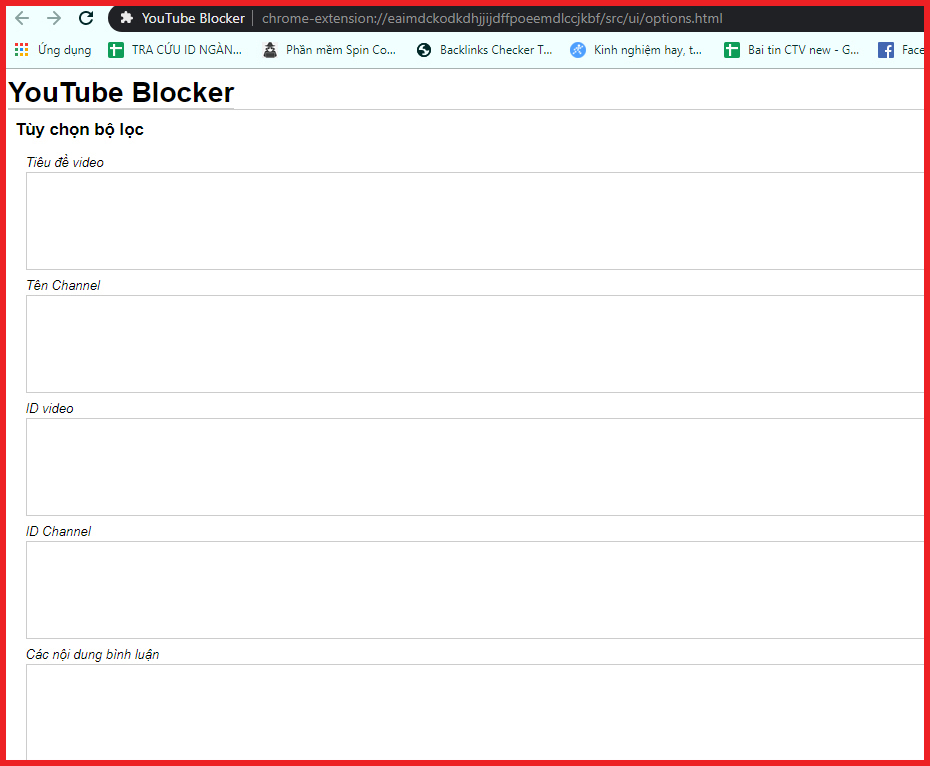 Cách chặn nội dung không muốn xem trên Youtube với Extension Chrome > Điền tiêu đề video, tên Channel, ID video, ID channel hoặc các bình luận mà bạn không thích vào ô tùy chọn