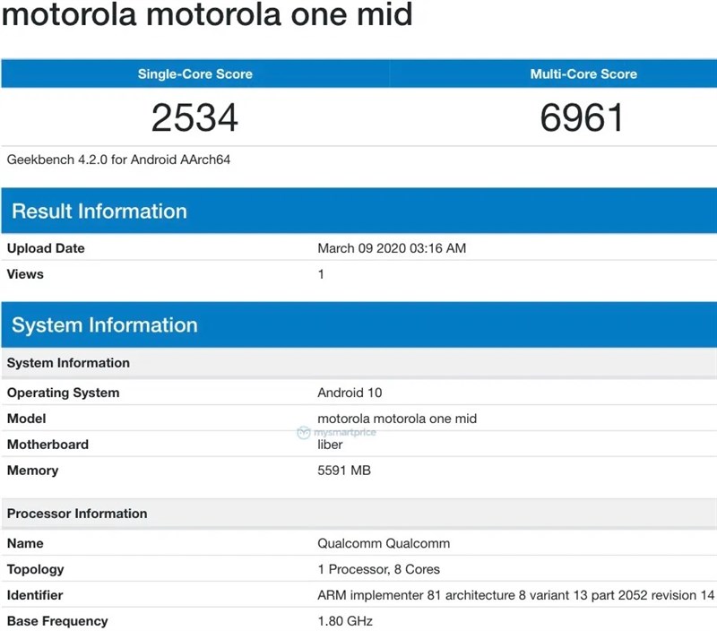 Motorola One Mid xuất hiện trên Geekbench với RAM 6 GB, chạy Android 10, điểm hiệu năng khá cao Motorola One Mid xuất hiện trên Geekbench với RAM 6 GB, chạy Android 10, điểm hiệu năng khá cao