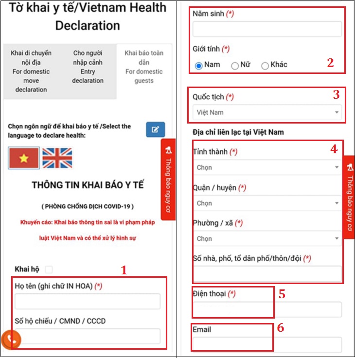 Điền các thông tin được yêu cầu trong bảng Khai báo Y tế