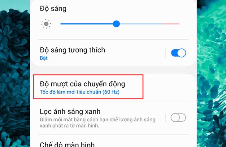 Bước 3: Chọn Độ mượt của chuyển động Tại giao diện Màn hình, bạn chọn Độ mượt của chuyển động (Motion smoothness).