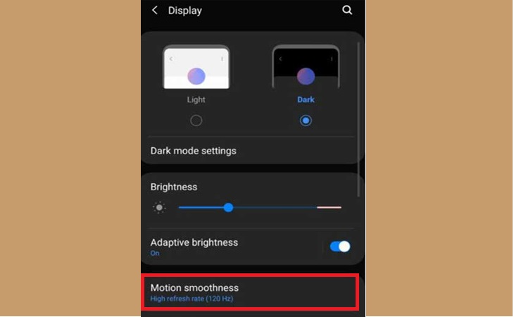 Cách chuyển màn hình Samsung Galaxy S20, S21 sang tần số quét 120Hz thủ công và tự động nhanh chóng, đơn giản > Bước 3: Cuộn xuống phần Độ mượt của chuyển động (Motion smoothness)