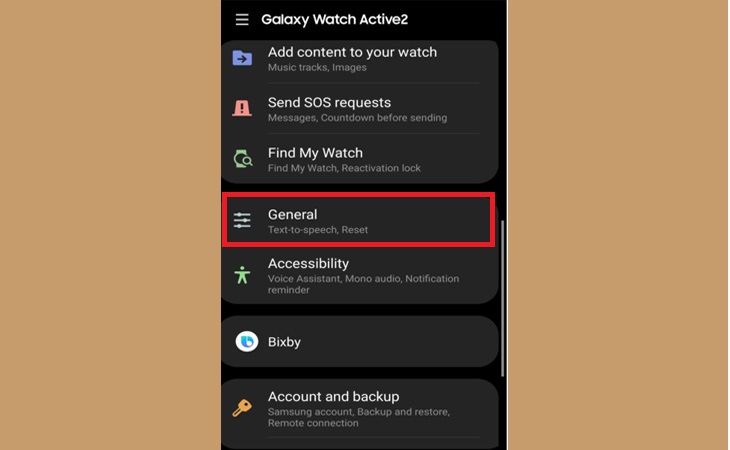 Hướng dẫn cách khôi phục cài đặt gốc trên smartwatch Samsung > Bước 2: Sau khi kết nối xong, chọn General.