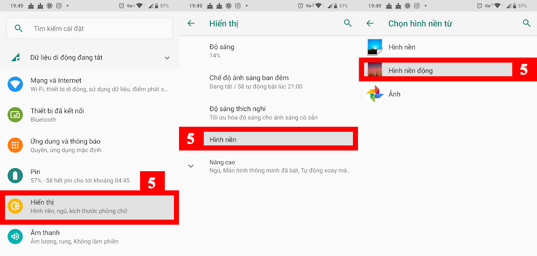 Hướng dẫn cài đặt hình nền chuyển động theo nhạc trên điện thoại > Bạn mở Cài đặt, chọn Hiển thị, song chọn Hình nền động