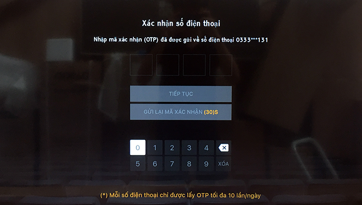  Nhập mã kích hoạt trên tivi và nhấn OK.
