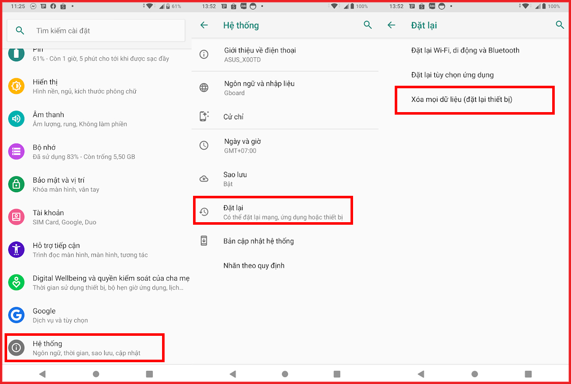 20 vấn đề, sự cố thường gặp trên điện thoại Android và cách khắc phục > Khôi phục cài đặt gốc, bạn vào Cài đặt > Hệ thống > Nâng cao > Đặt lại và chọn Xóa mọi dữ liệu