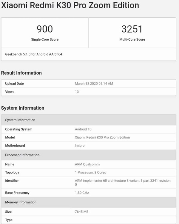 Redmi K30 Pro Zoom Edition lộ diện trên Geekbench