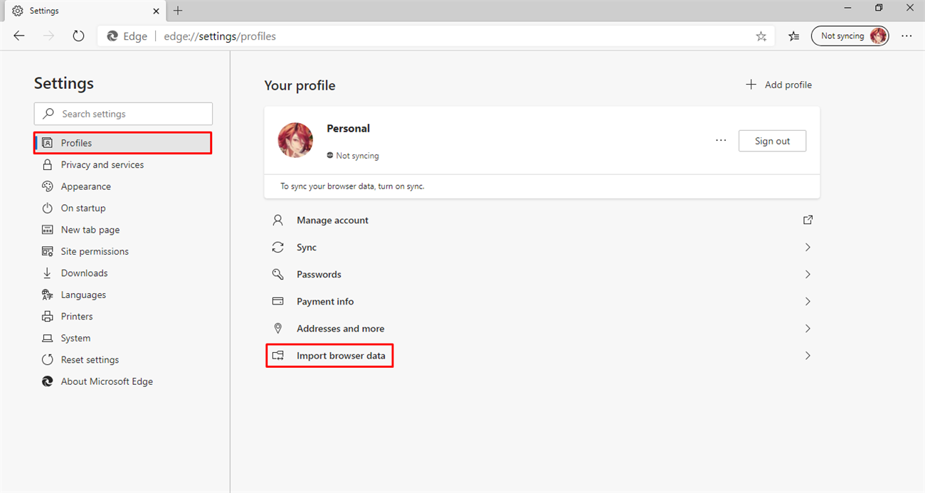 Vào Setting > Profiles > Import browser data